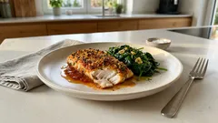 Seelachs aus dem Ofen mit Tomatenkruste und Knoblauchspinat – schnell für den Feierabend