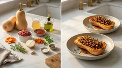 Gefüllter Butternusskürbis aus dem Ofen – herzhaft mit Tatar und Kräutern