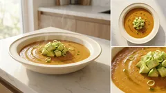 Gemüsesuppe aus dem Ofen – cremig püriert mit frischem Avocado-Topping
