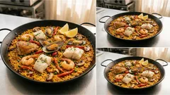 Paella mixta aus der Pfanne: Safranreis mit Hähnchen, Fisch und Meeresfrüchten